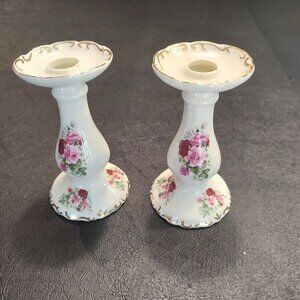 FORMALITIES BY BAUM BROS TAPER CANDLE HOLDERS VICTORIAN ROSES + TRIMMED W/GOLD